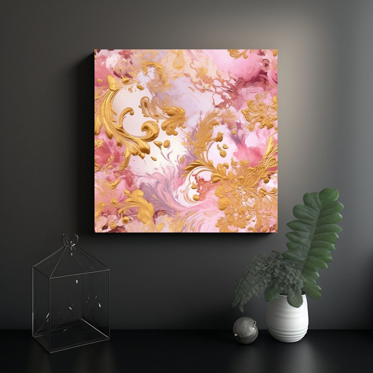 GENERICO - Arte Abstracto En Dorado Y Rosa Estilo Barroco 50x50 Cm