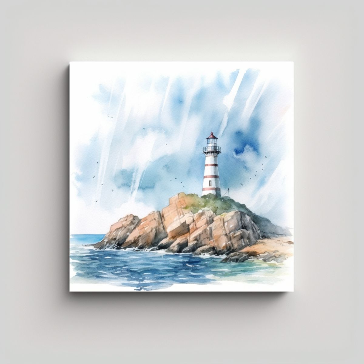 GENERICO - Cuadro Paisaje Acuarela Faro Mar Nubes Estilo 60x60 Cm