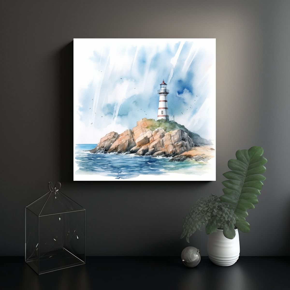 GENERICO - Cuadro Paisaje Acuarela Faro Mar Nubes Estilo 50x50 Cm