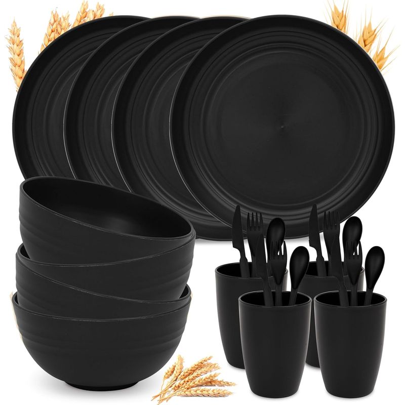 WAKESHOME - Juego De Vajilla Paja Trigo De 16 Pzas Para 4 Personas Negro