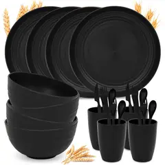 WAKESHOME - Juego De Vajilla Paja Trigo De 16 Pzas Para 4 Personas Negro