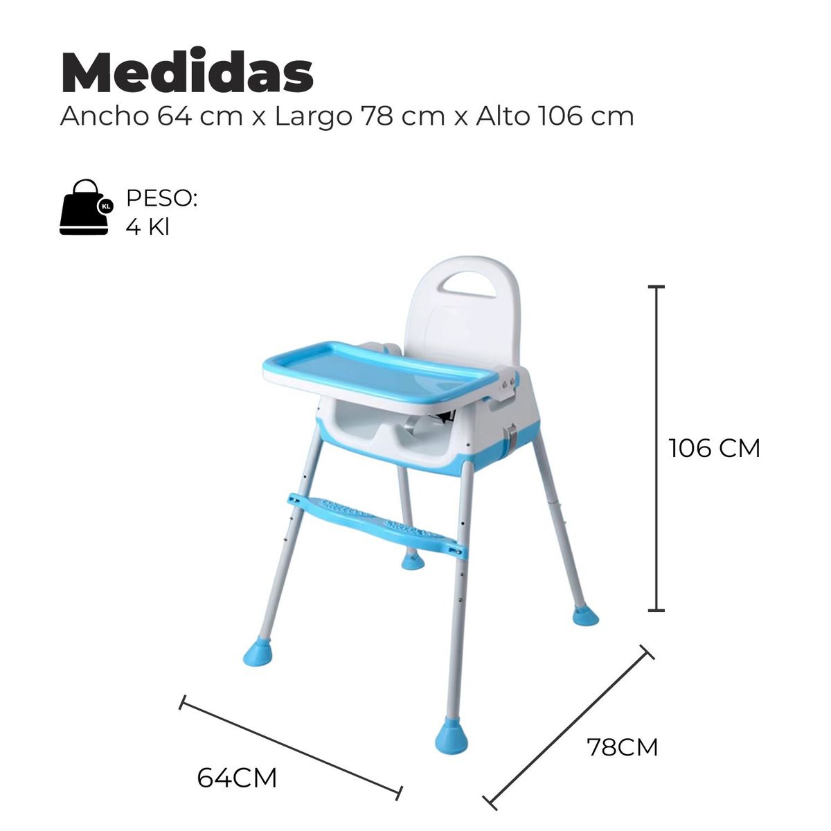 ALPHA - Silla Comer Bebe Altura Regulable Easy Travel Celeste