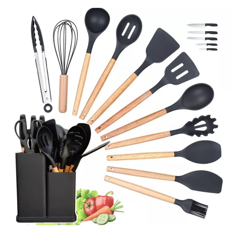 GENERICO - Set De Cocina Juego De Utensilios De Silicona Madera 19pcs Negro