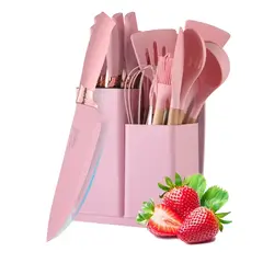 GENERICO - Set De Cocina Juego De Utensilios De Silicona Madera 19pcs Rosa