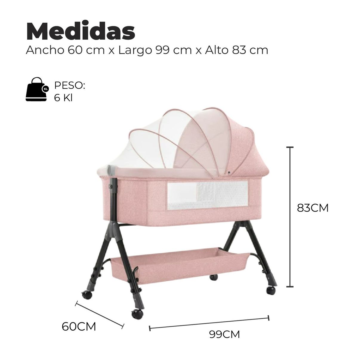 ALPHA - Cuna Colecho Moises Bebe Altura Regulable Safe&soft Gris Rosado