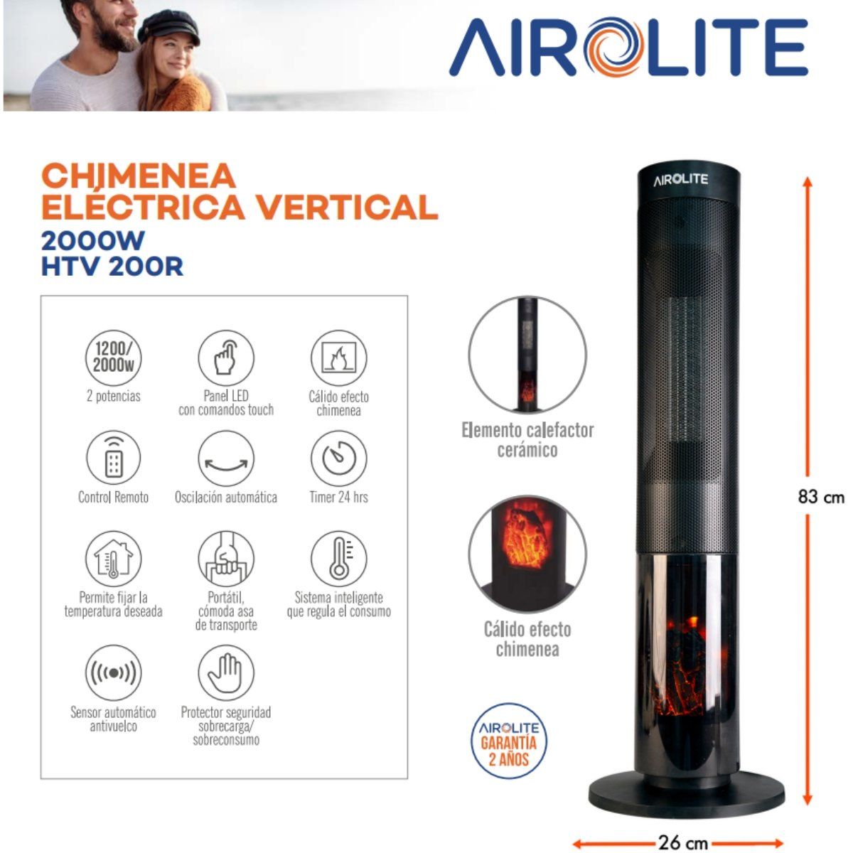 AIROLITE - Calefactor Chimenea Estufa Eléctrica termoventilador Airolite Htv 200r