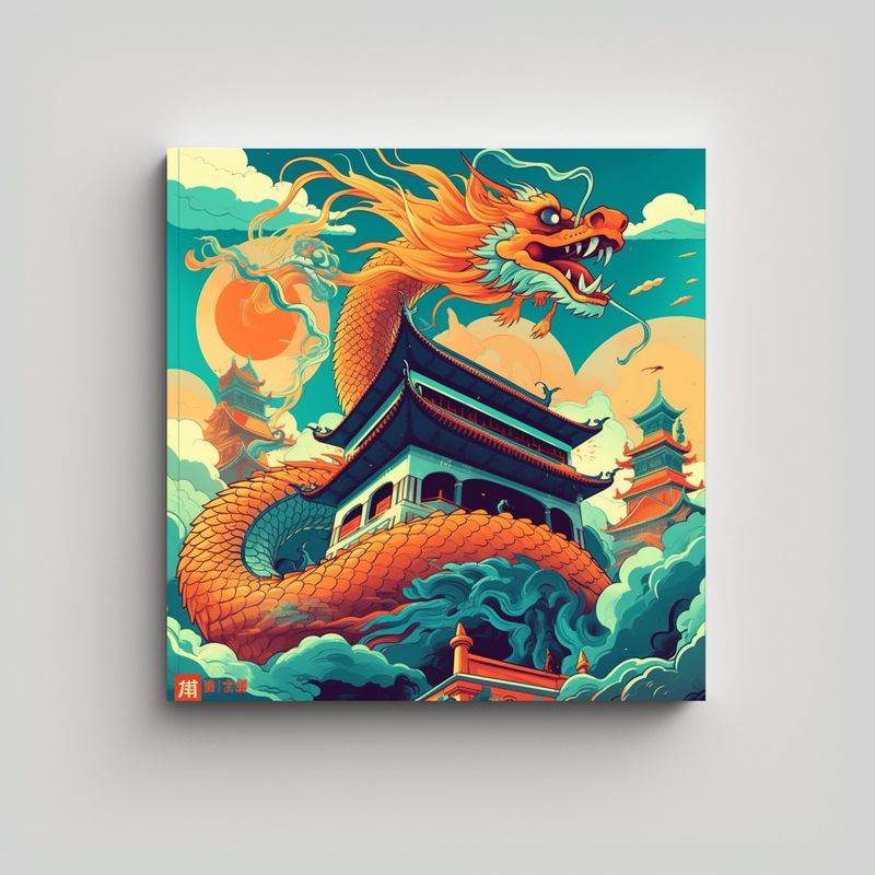 GENERICO - Cuadro Tela Dragón Vuela Sobre Templo Chino 90x90 Cm