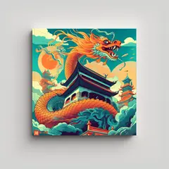 GENERICO - Cuadro Tela Dragón Vuela Sobre Templo Chino 70x70 Cm