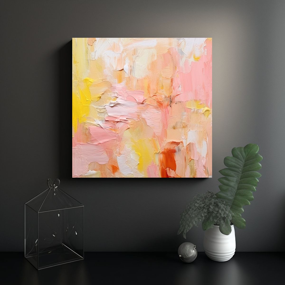 GENERICO - Cuadro Abstracto En Tonos Rosados Amarillos Y 60x60 Cm