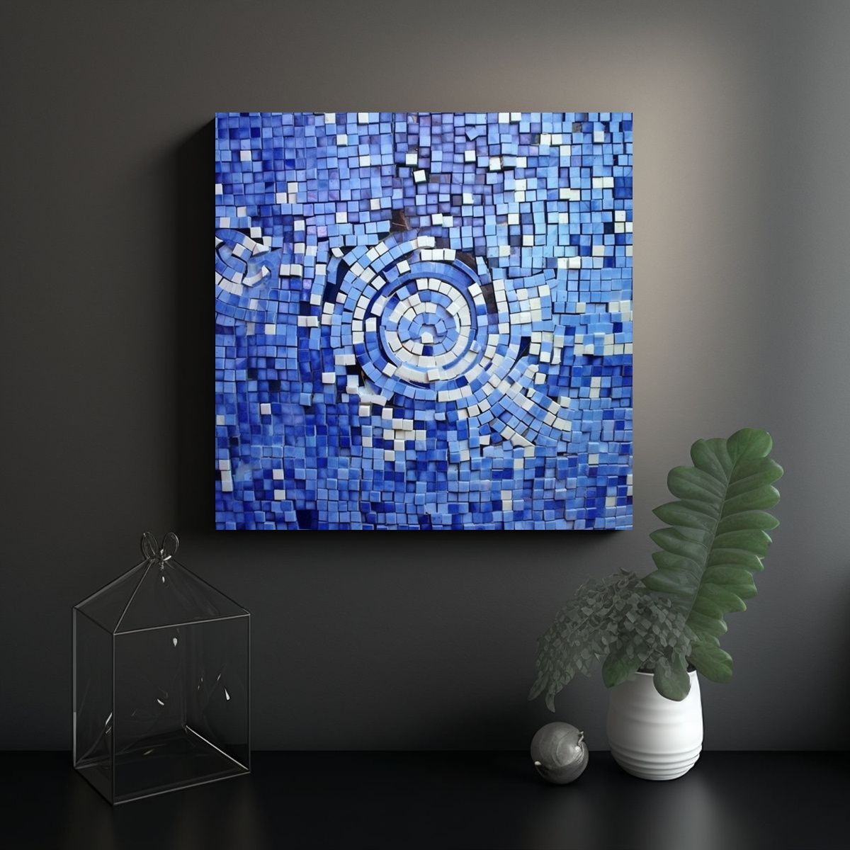 GENERICO - Cuadro Abstracto Azul Y Blanco Estilo Mosaico De 50x50 Cm