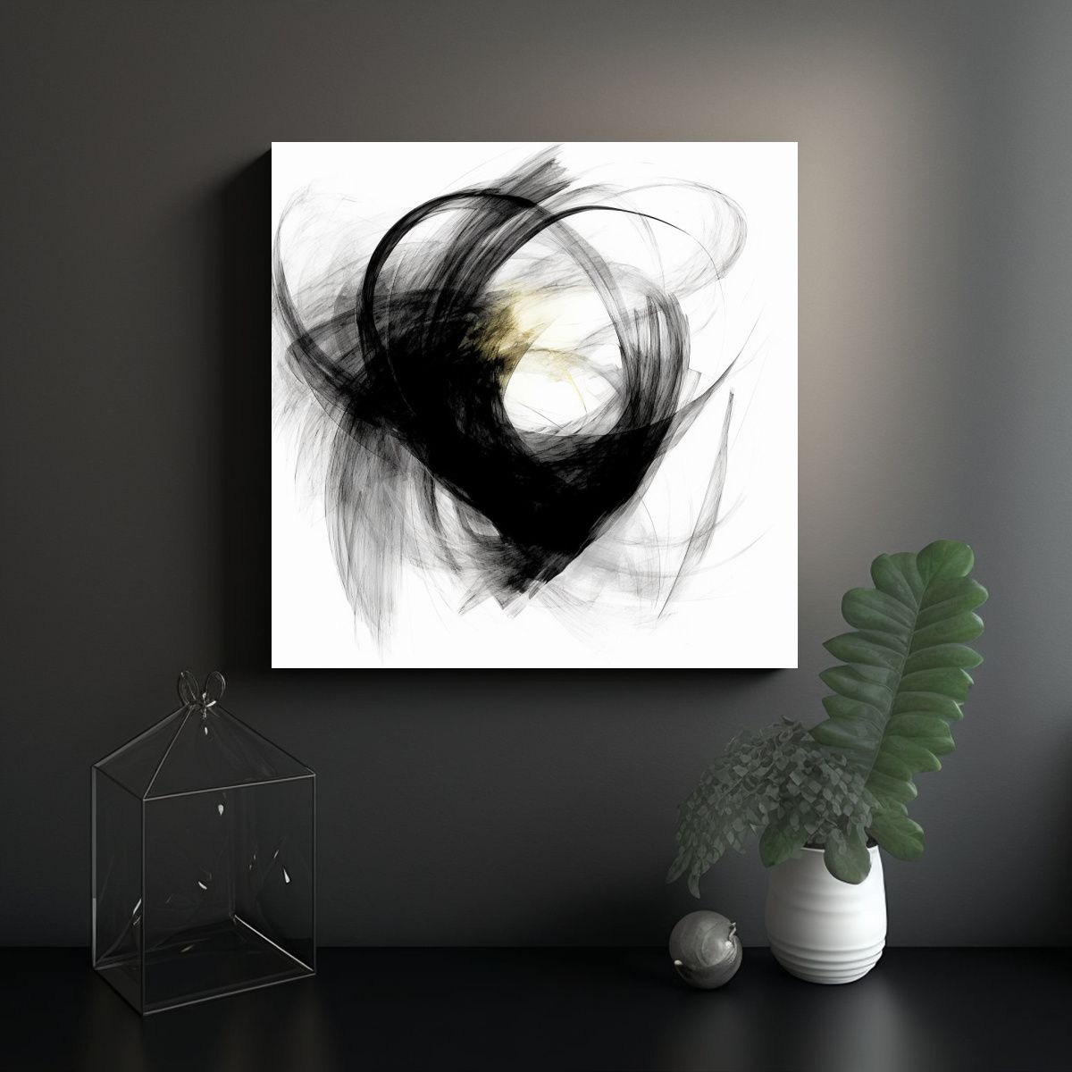 GENERICO - Cuadro Tela Abstracto Negro Y Pinceladas 60x60 Cm
