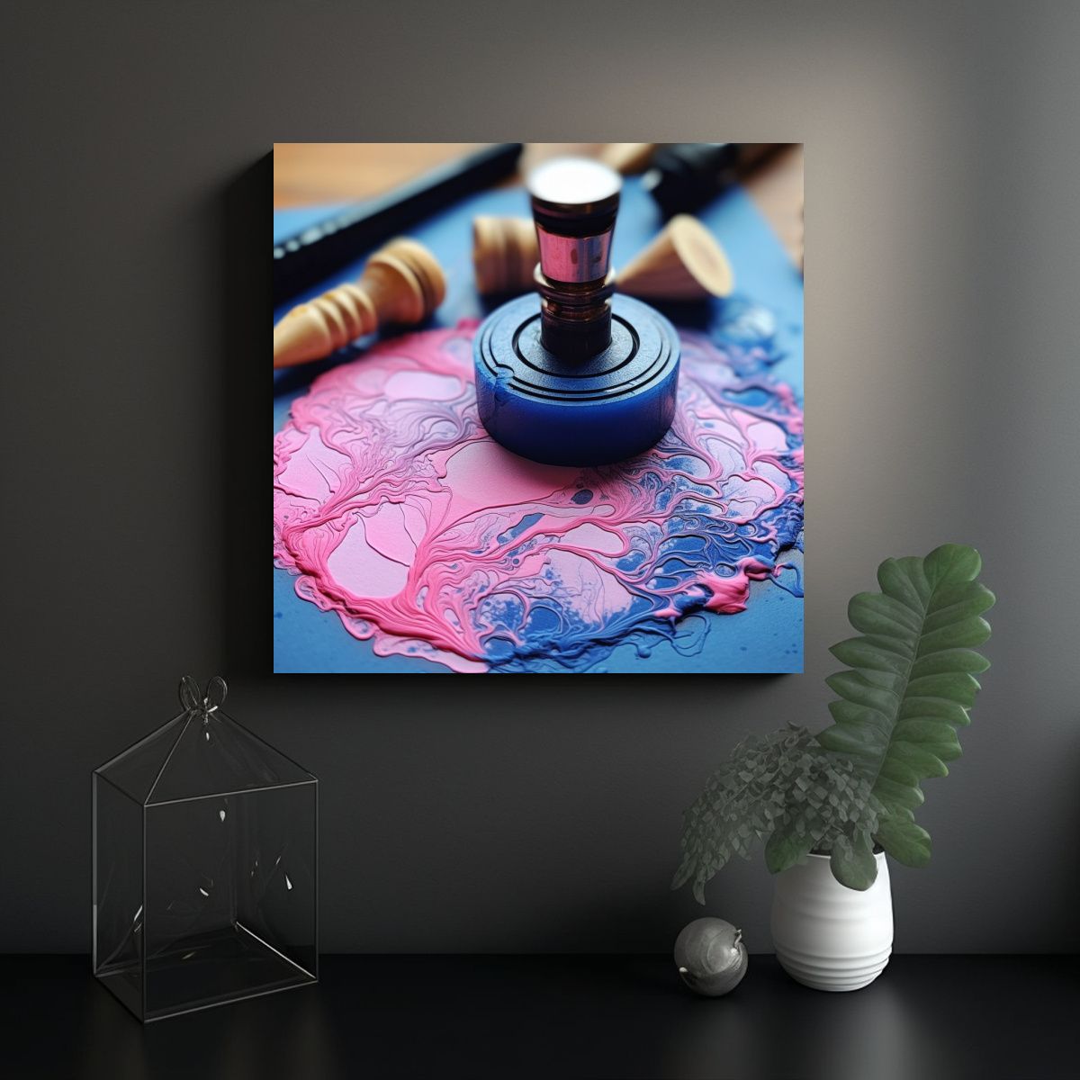 GENERICO - Cuadro Expresión Llamativo Tinta Azul Y Rosa 70x70 Cm