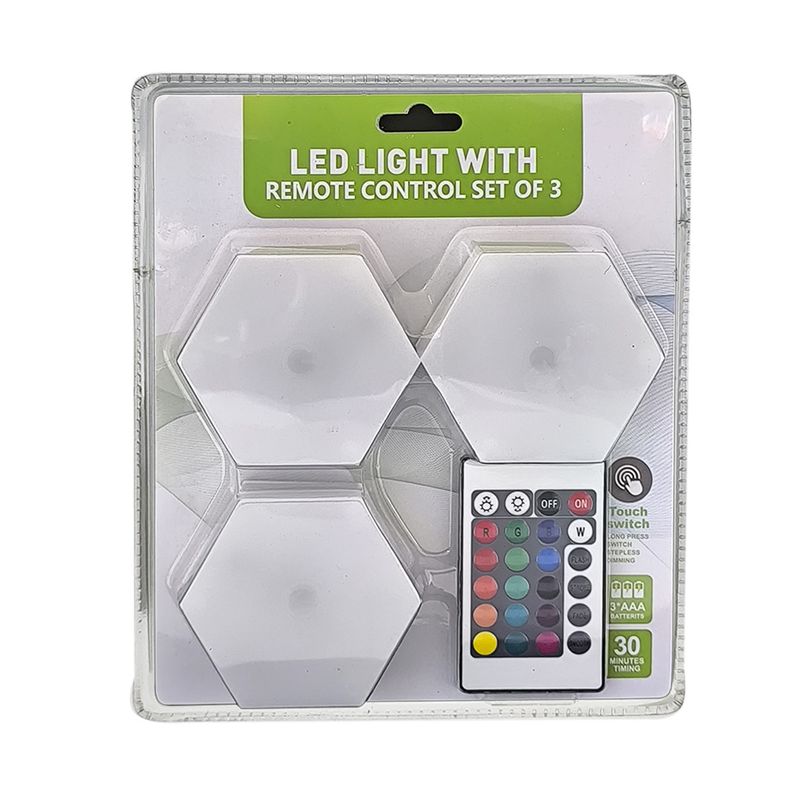GENERICO - SET DE 3 LUCES HEXAGONALES LED RGB + CONTROL 16 COLORES