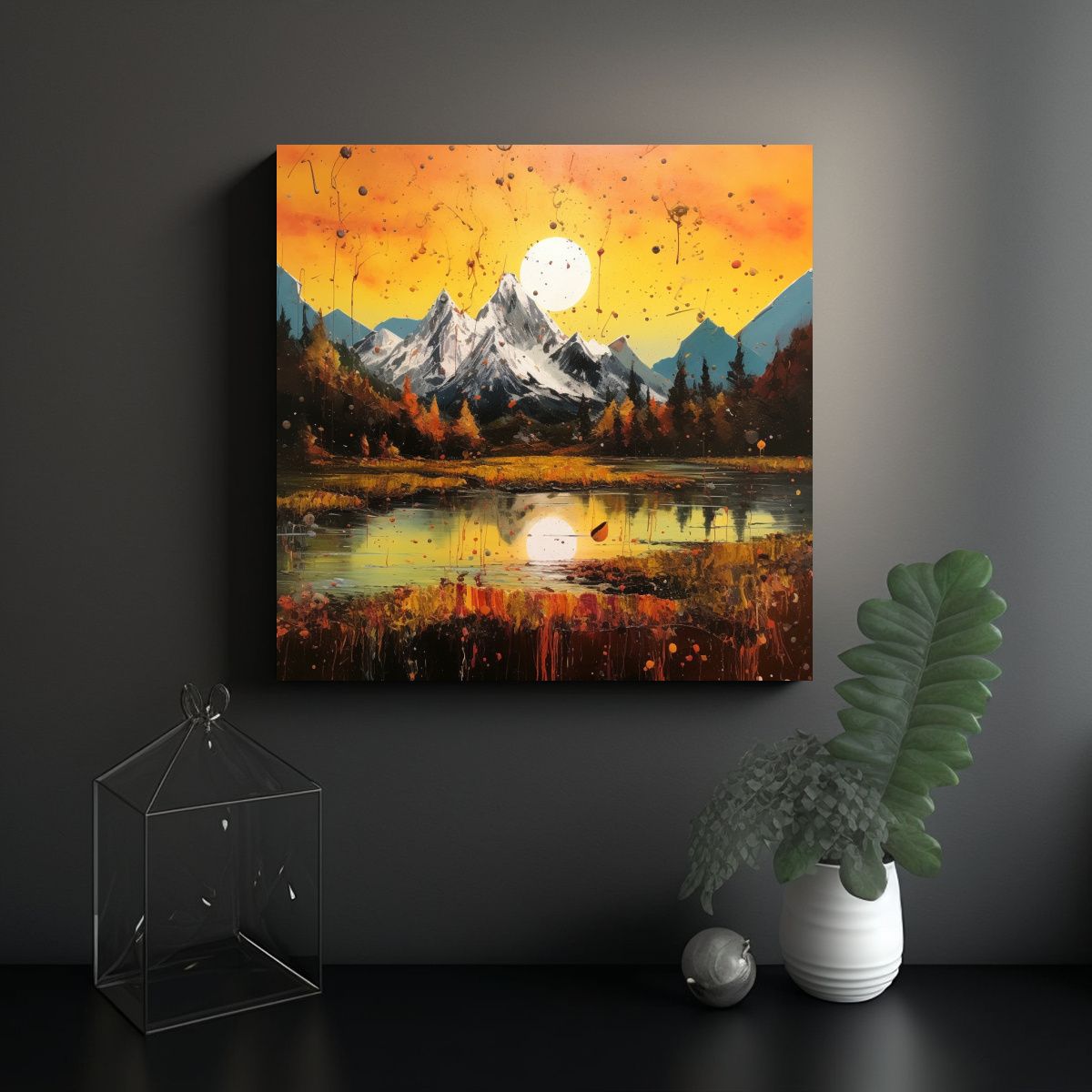 GENERICO - Cuadro Tela Amanecer Dorado Montañas Amarillos 50x50 Cm
