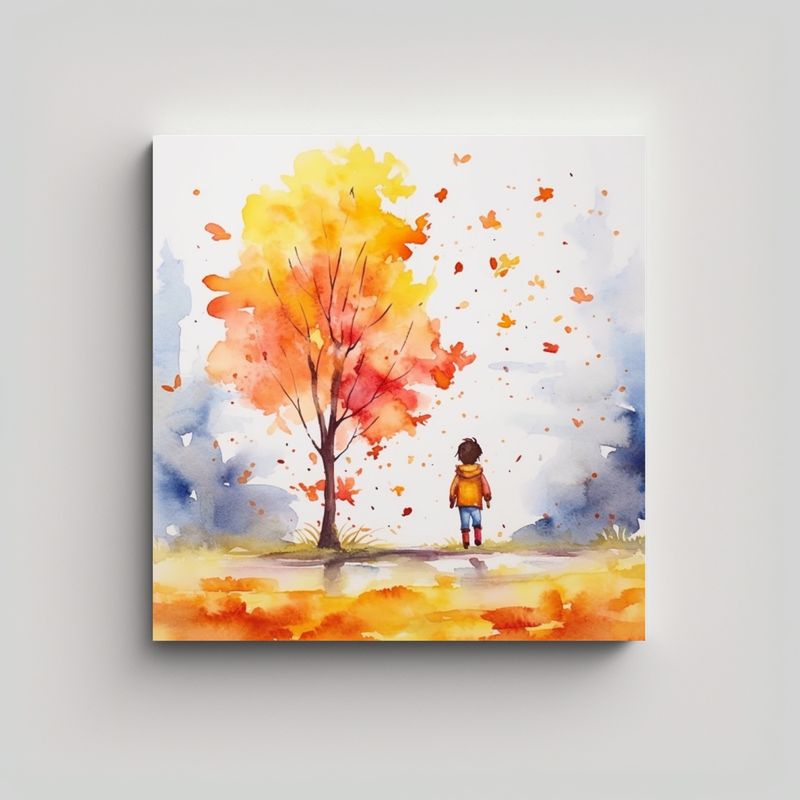 GENERICO - Pintura Acuarela Otoñal Con Niños En Papel 90x90 Cm