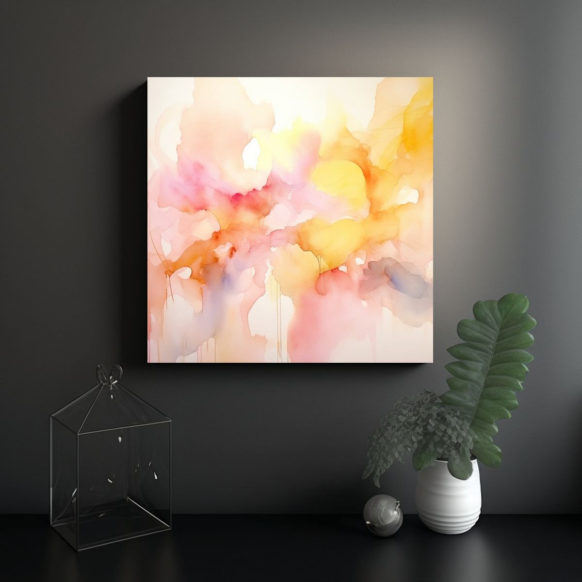 GENERICO - Pintura Abstracta Acuarela Rosa Claro Amarillo 70x70 Cm