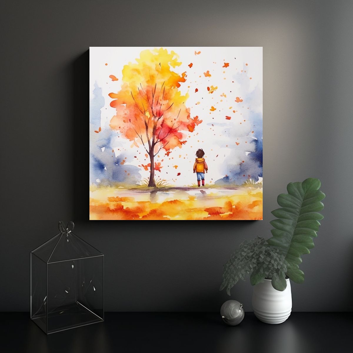 GENERICO - Pintura Acuarela Otoñal Con Niños En Papel 70x70 Cm