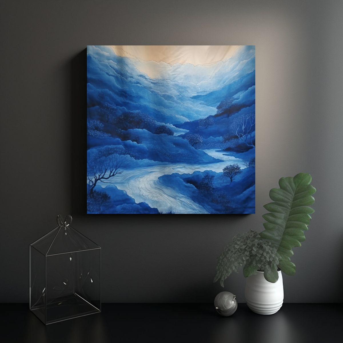 GENERICO - Pintura Paisajística Azul Batik Para Decoración 80x80 Cm