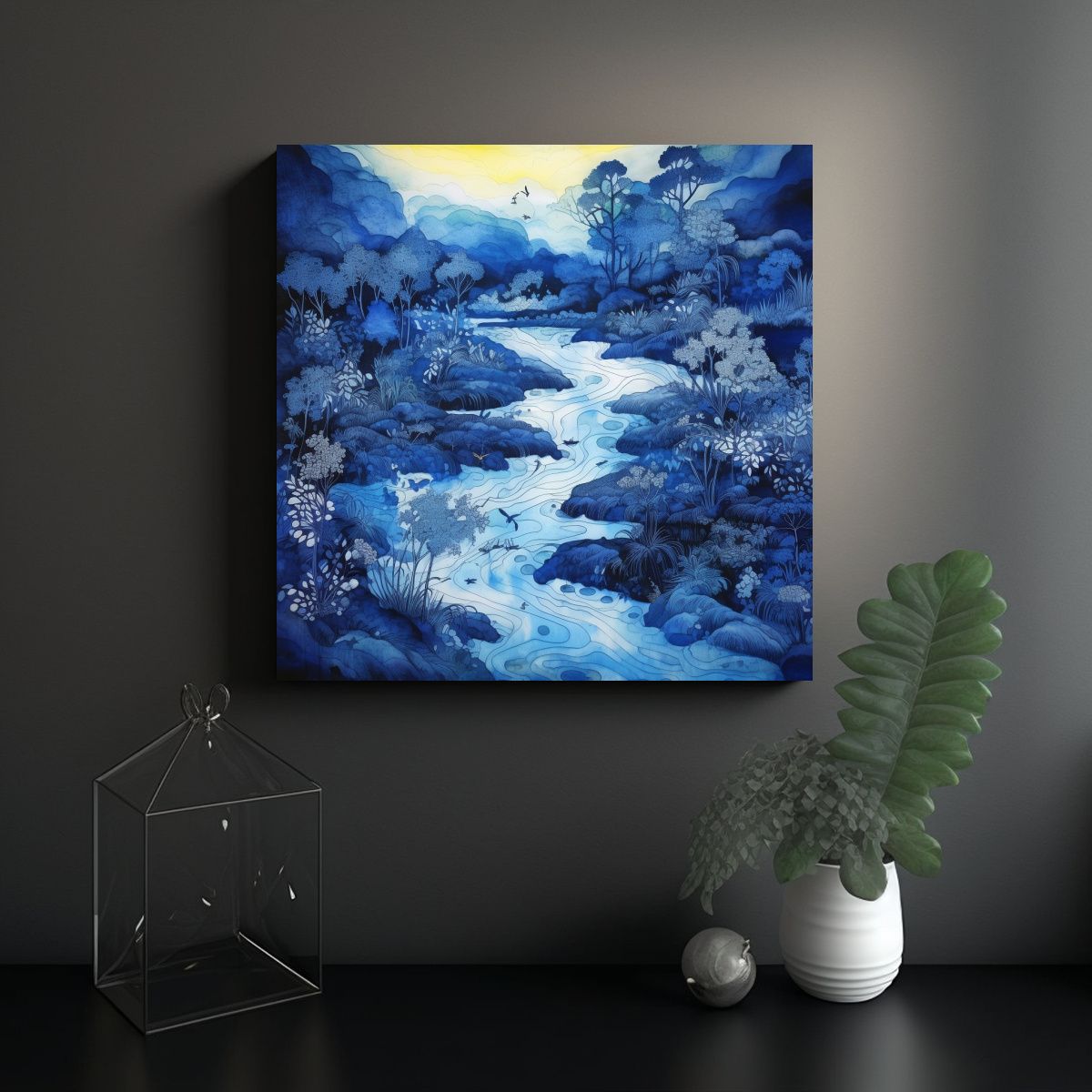 GENERICO - Pintura Paisaje Batik Azul Mágico Con Cuadro De 90x90 Cm