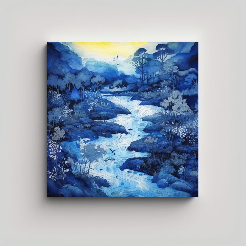 GENERICO - Pintura Paisaje Batik Azul Mágico Con Cuadro De 50x50 Cm