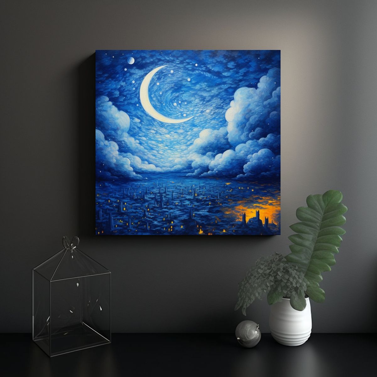 GENERICO - Cuadro Lienzo Tonos Azules Nubes Cielo Estrellado 80x80 Cm