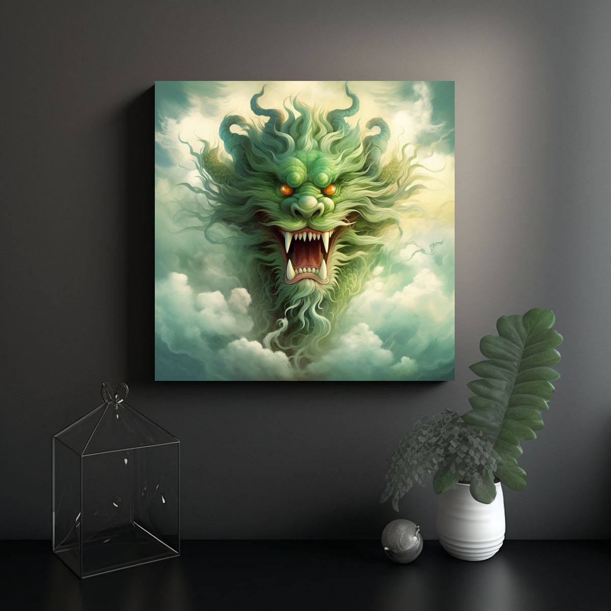 GENERICO - Cuadro Venta Adorno Dragón Verde Chino Nube De 90x90 Cm