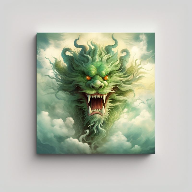 GENERICO - Cuadro Venta Adorno Dragón Verde Chino Nube De 50x50 Cm