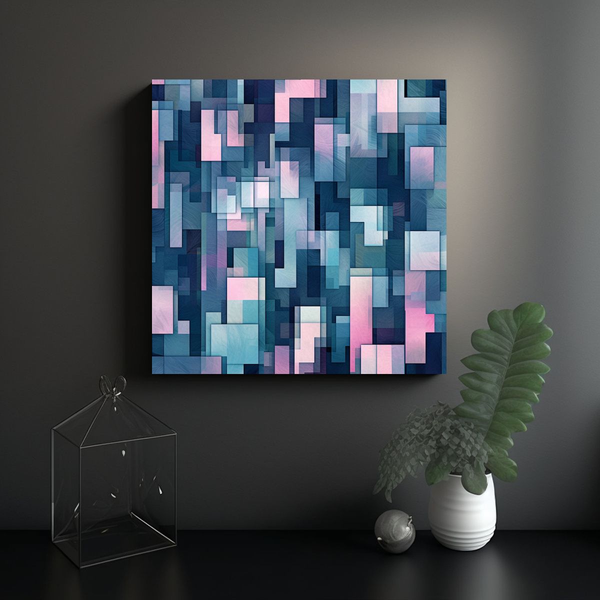 GENERICO - Pintura Abstracta Geométrica En Tonos Azules 50x50 Cm