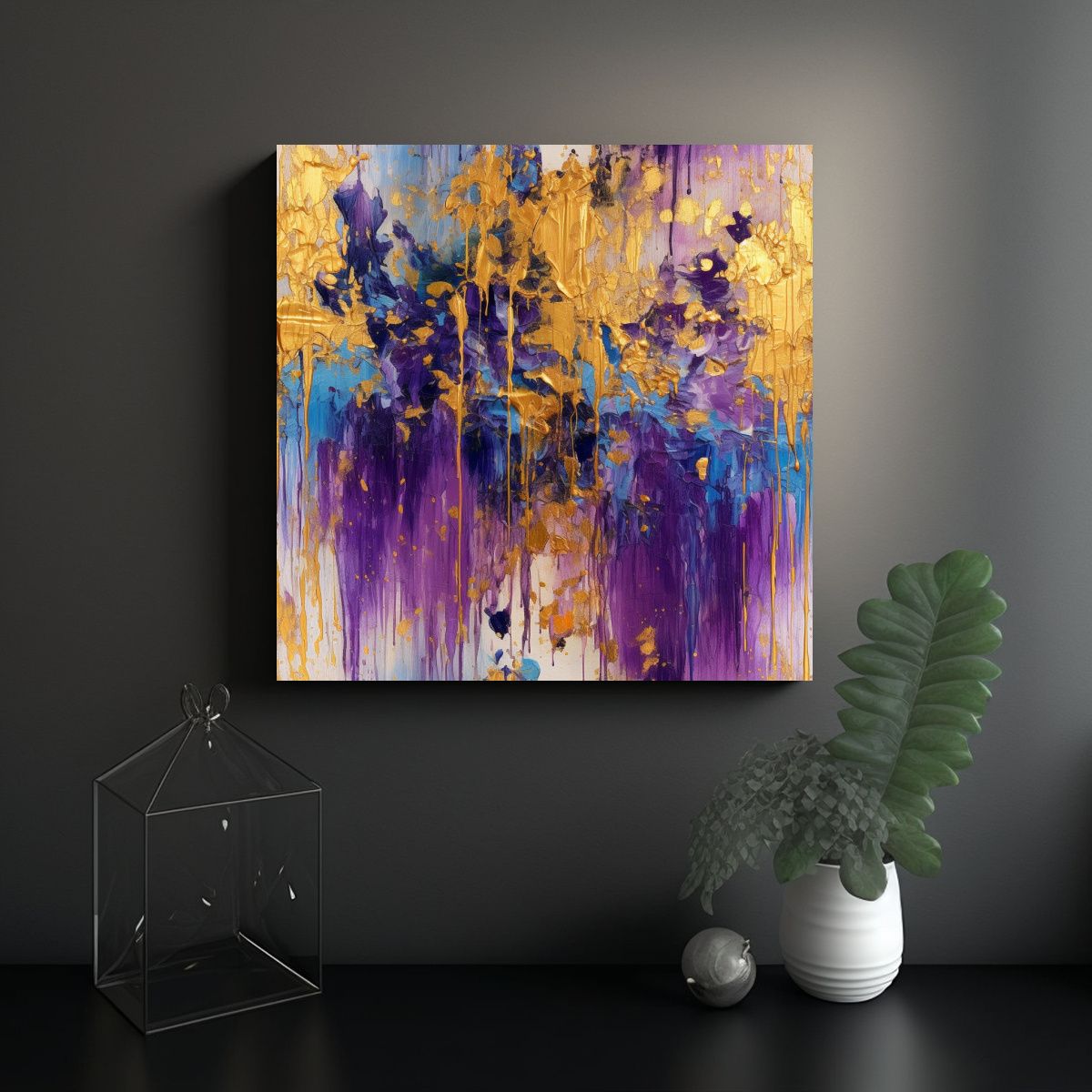 GENERICO - Cuadro Acuarela Morado Y Dorado Abstracto En 70x70 Cm