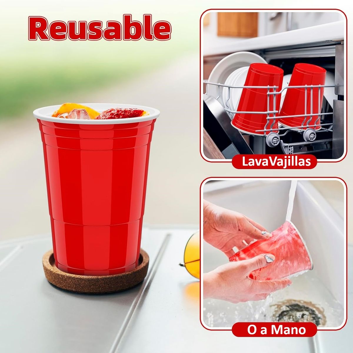 WAKESHOME - 50 Vasos Plasticos Vaso Desechable Grande Rojos Fiesta 473ml