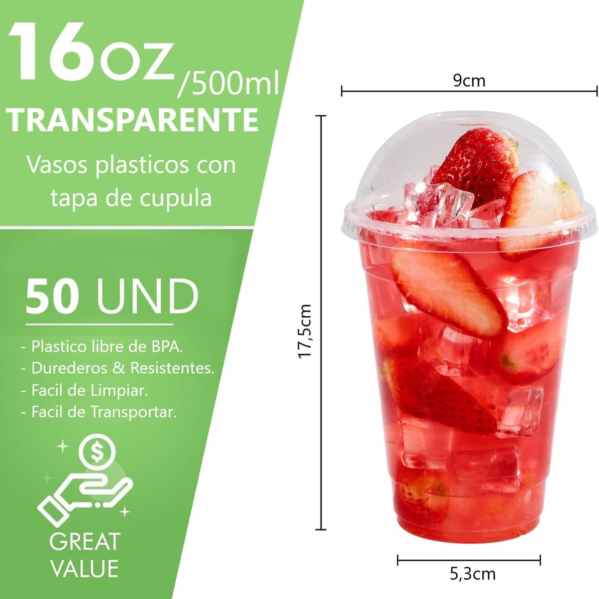 WAKESHOME - 50 Vaso Desechable Plastico Tapa Domo 16oz Vaso Grande 500ML