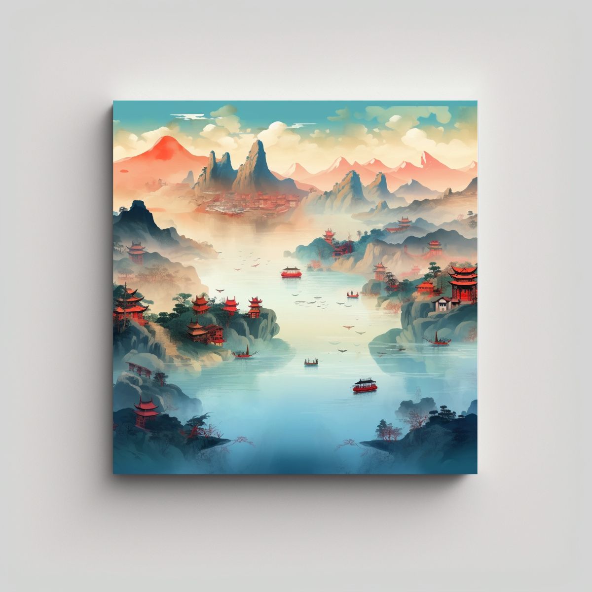 GENERICO - Pintura Tela Elegante Paisaje Chino Montañas 90x90 Cm