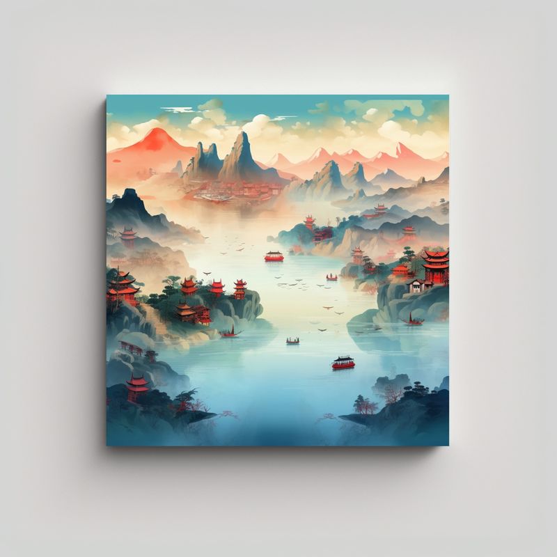 GENERICO - Pintura Tela Elegante Paisaje Chino Montañas 80x80 Cm