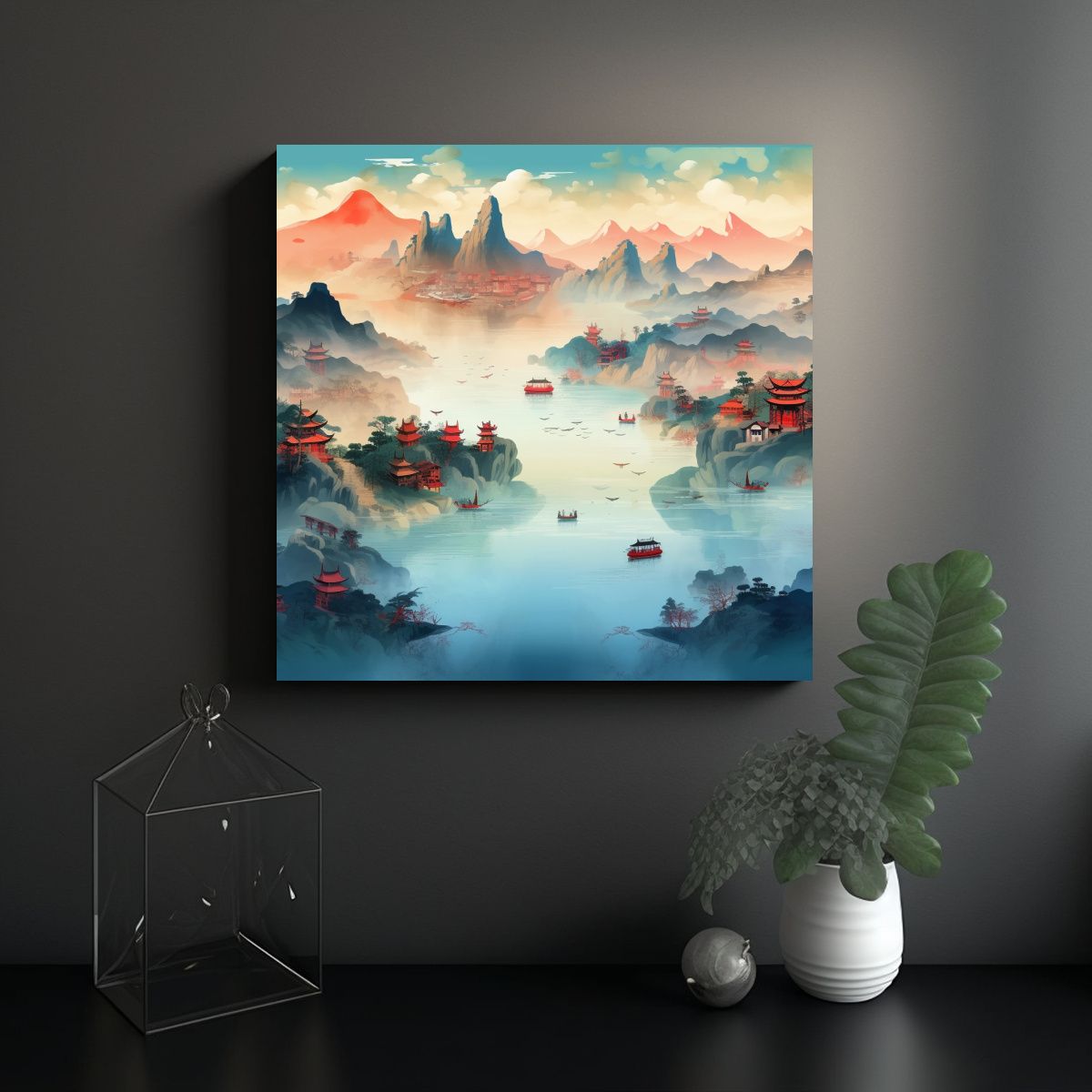 GENERICO - Pintura Tela Elegante Paisaje Chino Montañas 50x50 Cm