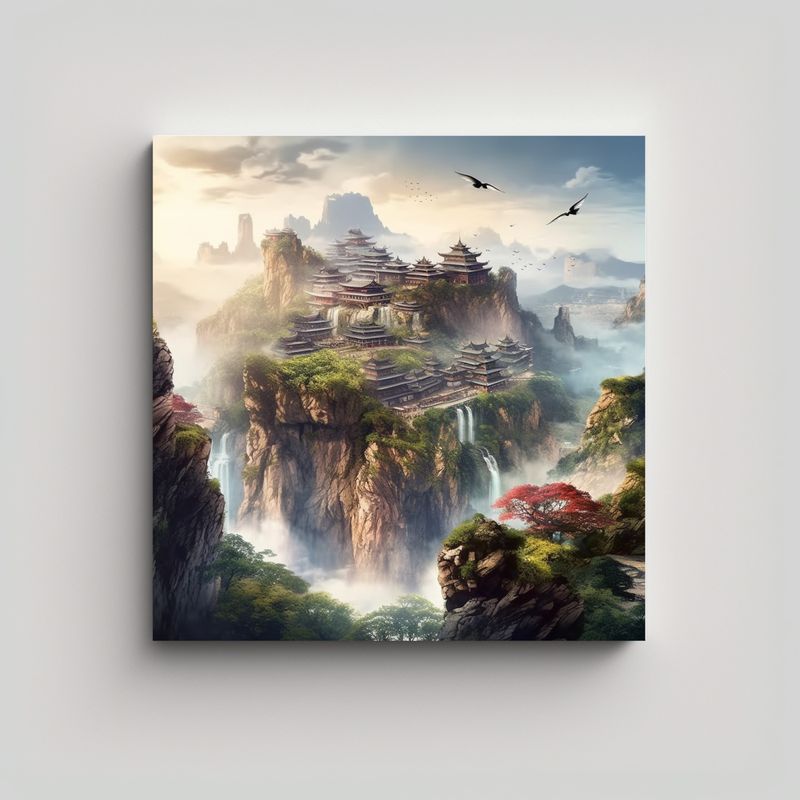 GENERICO - Pintura Tela Bastidor Paisaje Chino Montañas 90x90 Cm