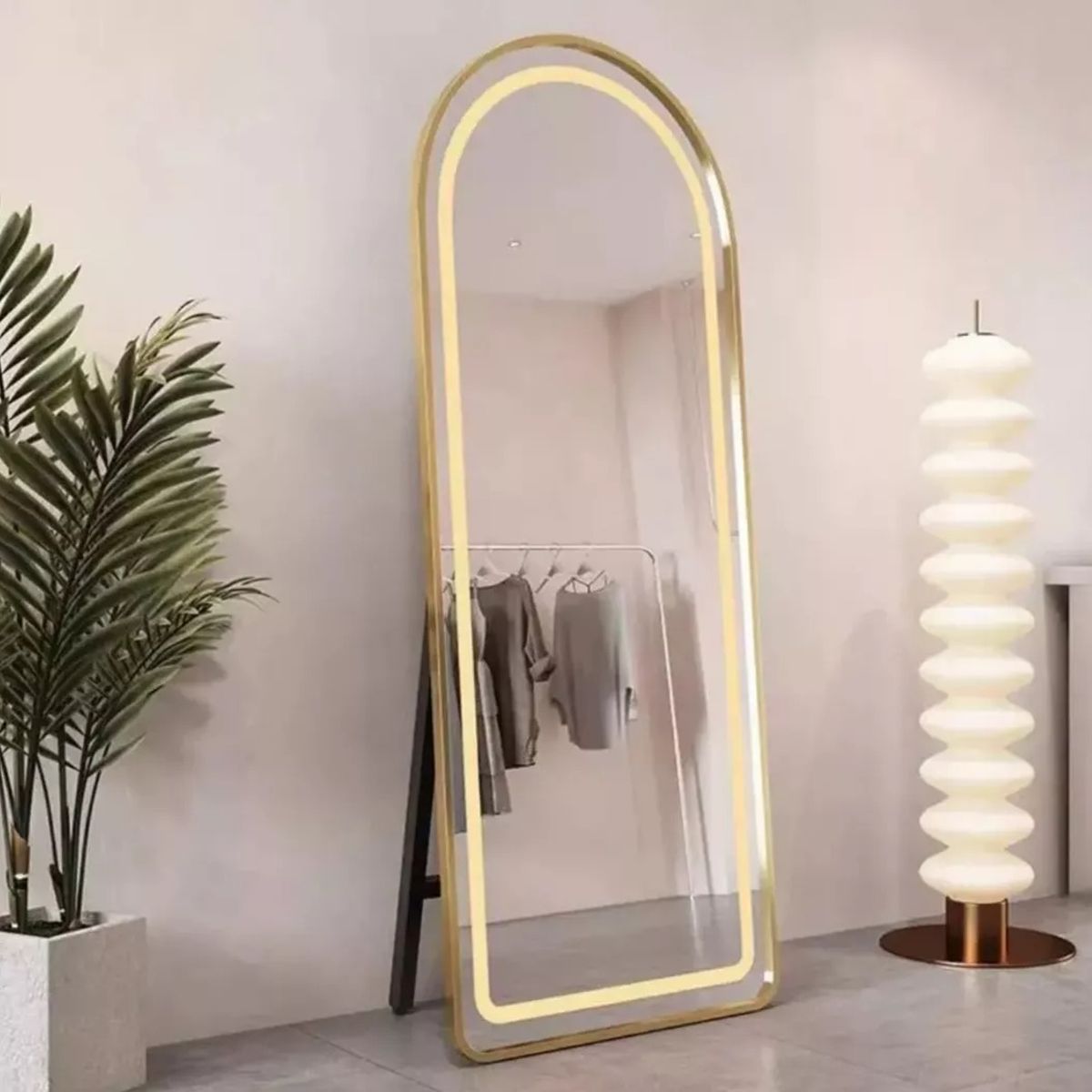 GENERICO - Espejo Con Luz Pedestal Marco Dorado Touch 160x50cm