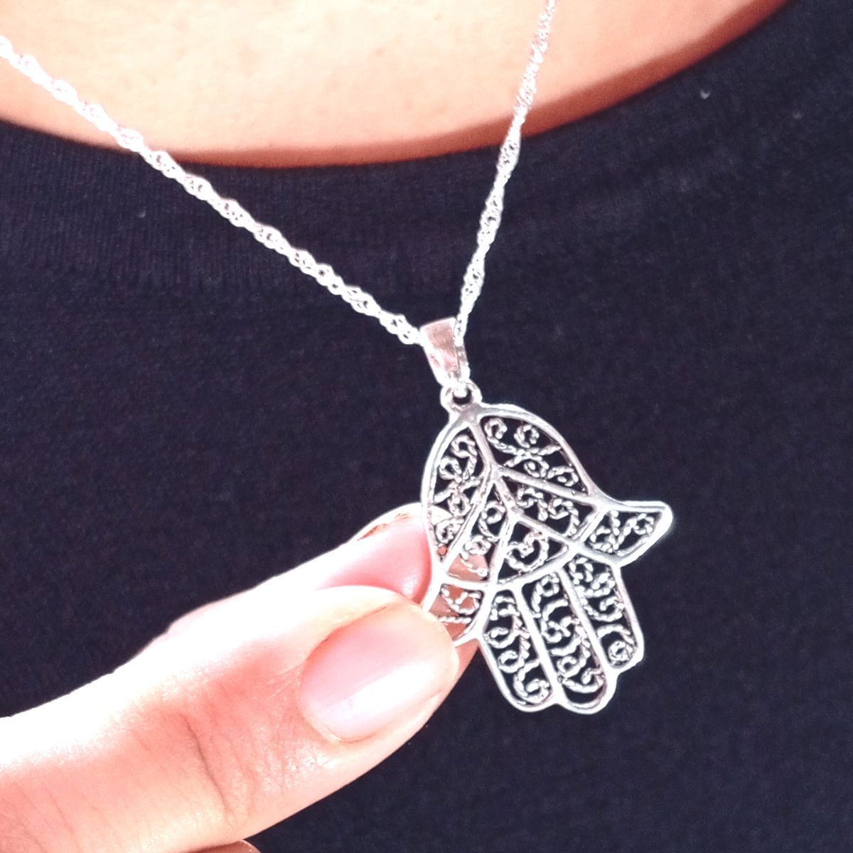 GENERICO - Collar Mano de Fátima Hamsa Plata Talismán de Protección