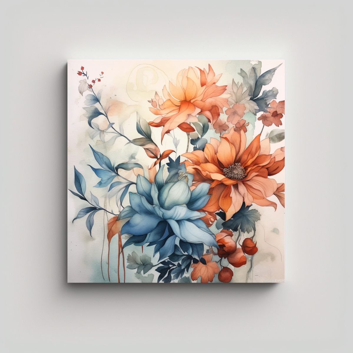 GENERICO - Cuadro Abstracto De Flores Y Hojas Acuarela En 70x70 Cm