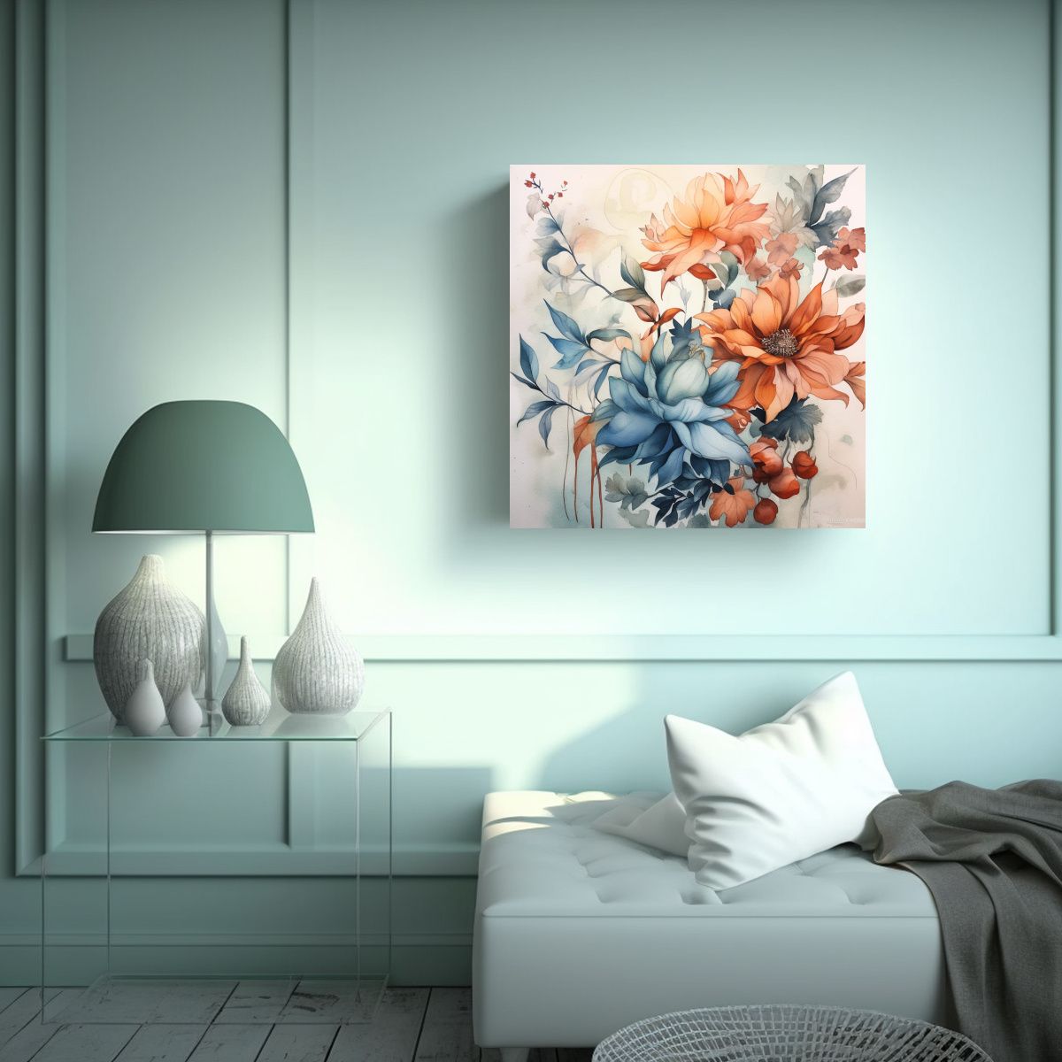 GENERICO - Cuadro Abstracto De Flores Y Hojas Acuarela En 70x70 Cm