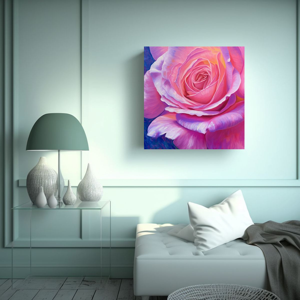 GENERICO - Composición De Rosa Rosa En Pintura Acrílica 60x60 Cm