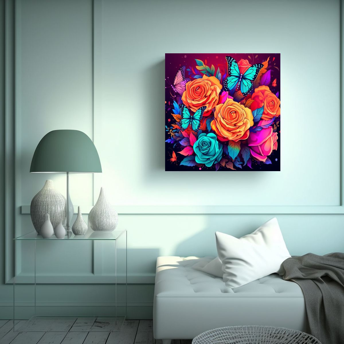 GENERICO - Cuadro Minimalista De Mariposas Neón Y Rosas 90x90 Cm