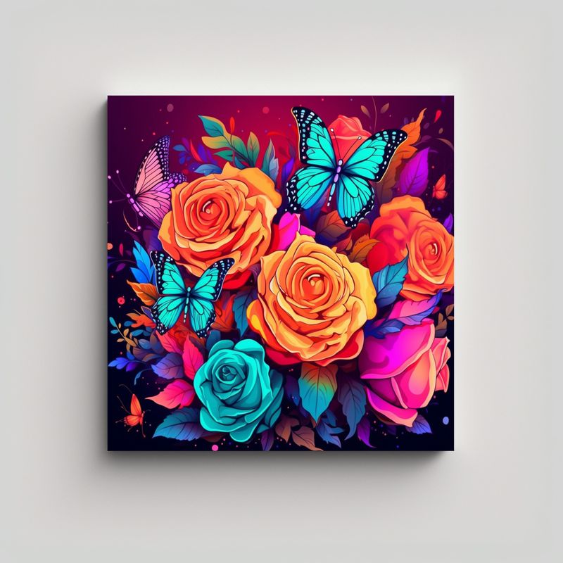 GENERICO - Cuadro Minimalista De Mariposas Neón Y Rosas 80x80 Cm