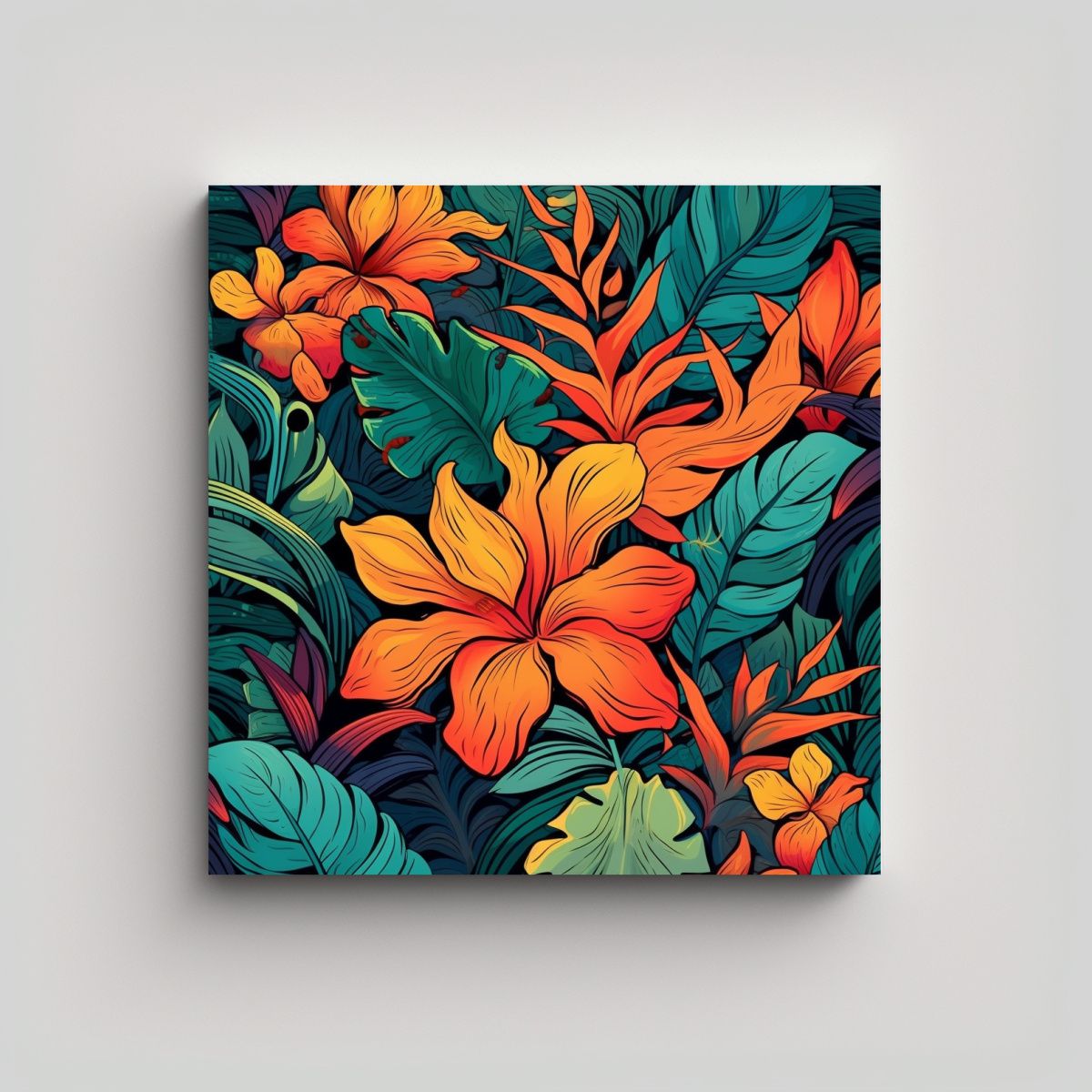 GENERICO - Composición Lineal En Canva Con Plantas Y Flores 90x90 Cm