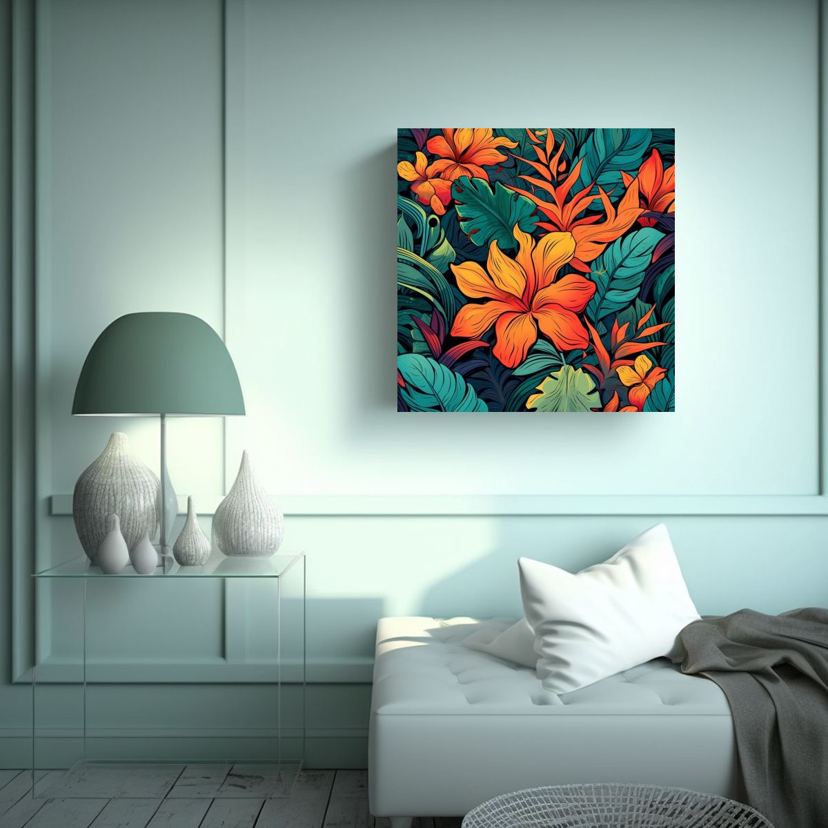 GENERICO - Composición Lineal En Canva Con Plantas Y Flores 90x90 Cm