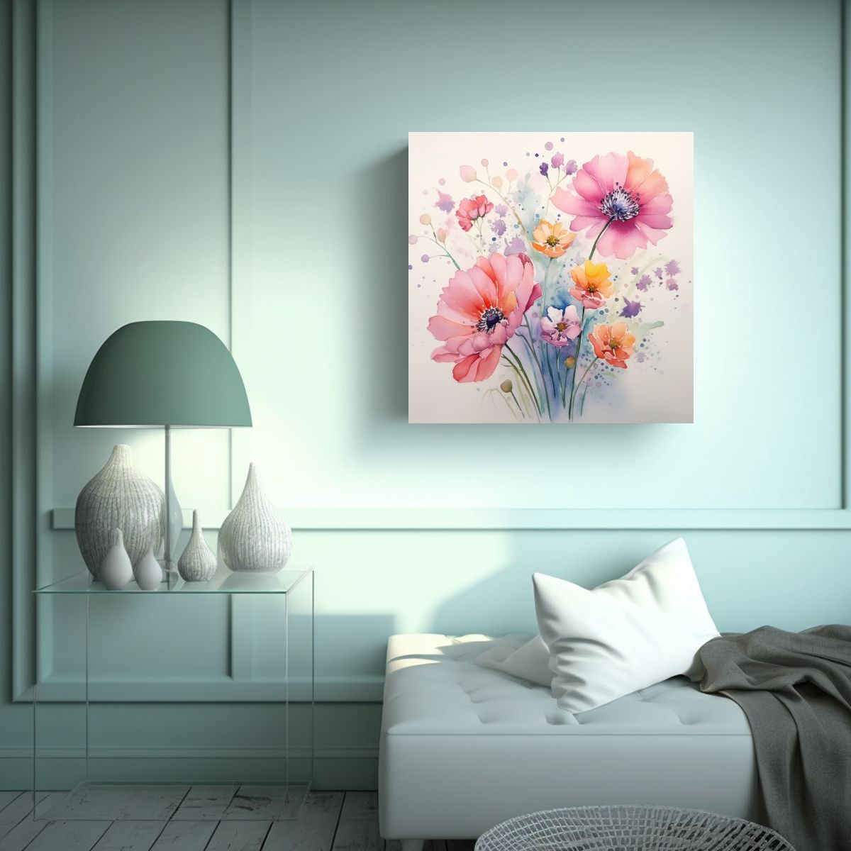 GENERICO - Canva Moderno Con Flores Acuarela Personalidad Y 90x90 Cm