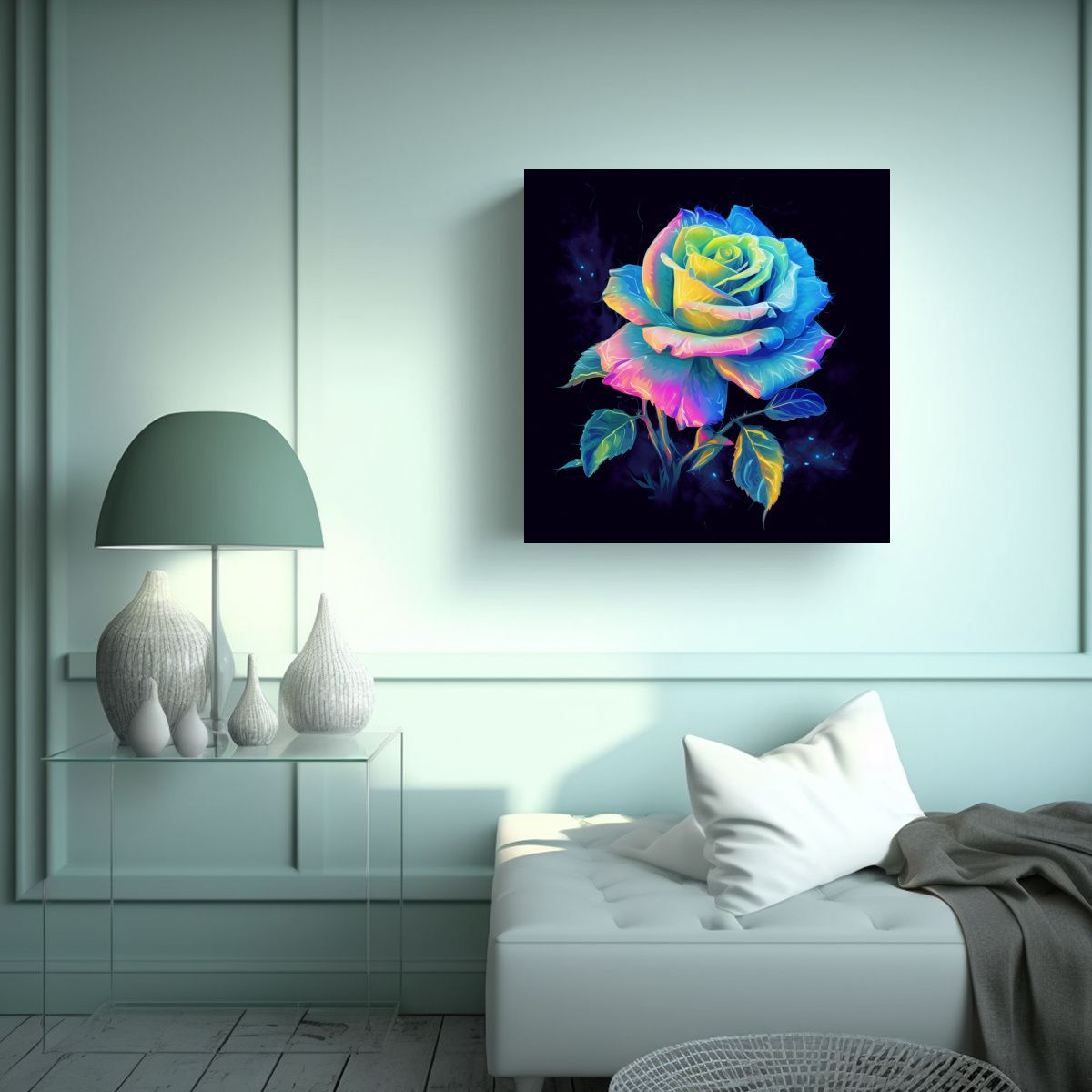 GENERICO - Cuadro Líneas Finas Con Rosa Luminiscente 0569 50x50 Cm