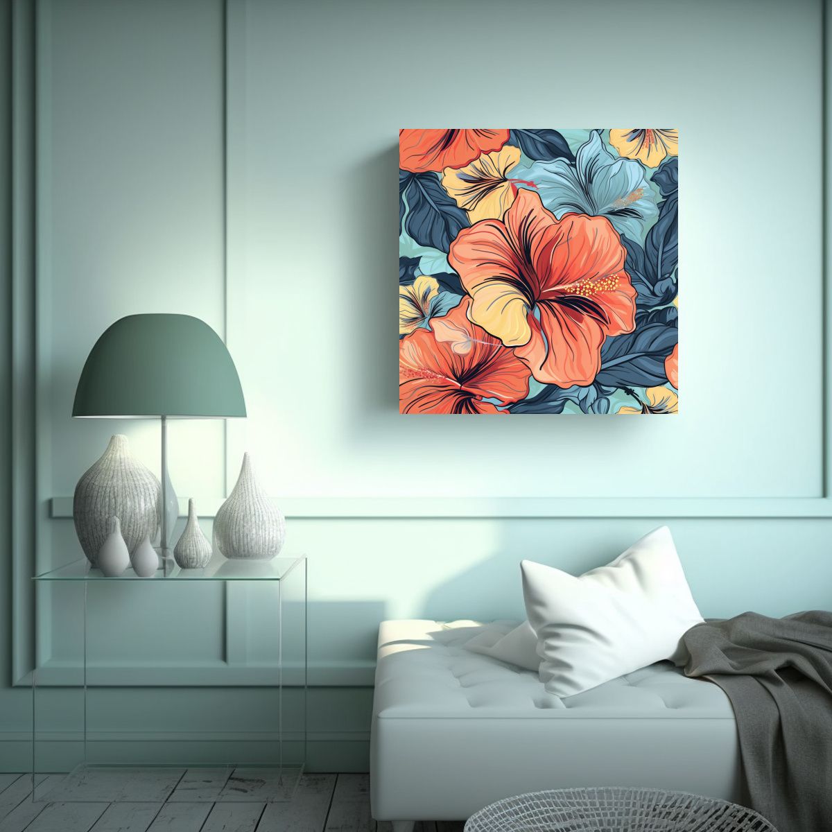 GENERICO - Cuadro Único De Hibiscus Arte Digital Y Patrón 90x90 Cm