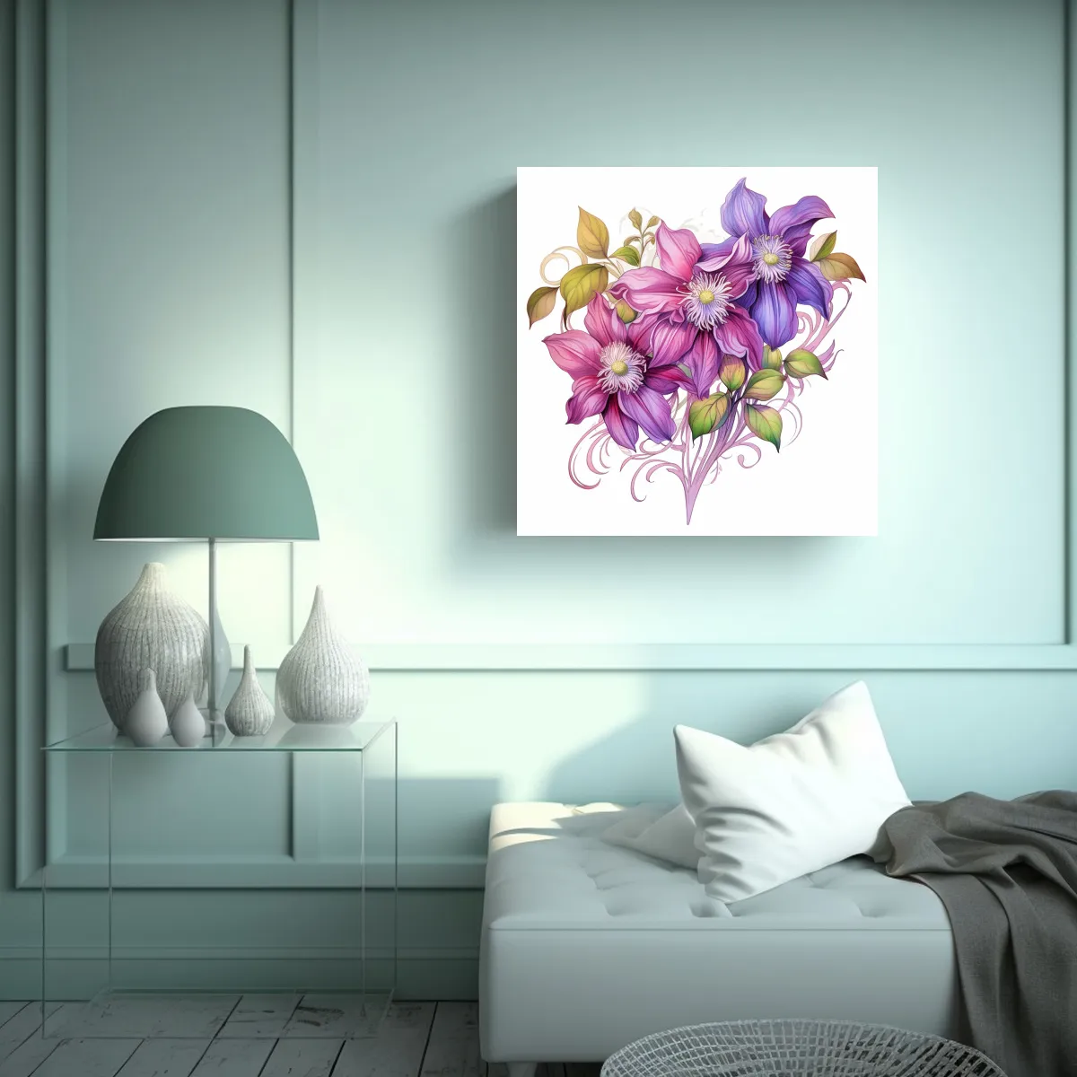 GENERICO - Lienzo Moderno De Clematis En Estilo Tatuaje 90x90 Cm