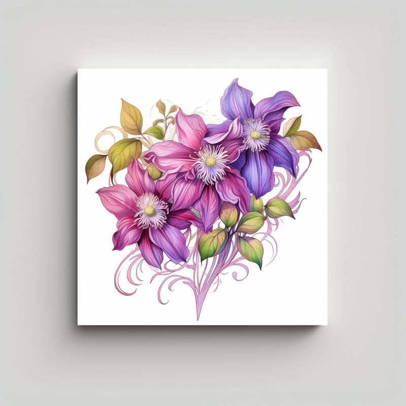 GENERICO - Lienzo Moderno De Clematis En Estilo Tatuaje 60x60 Cm