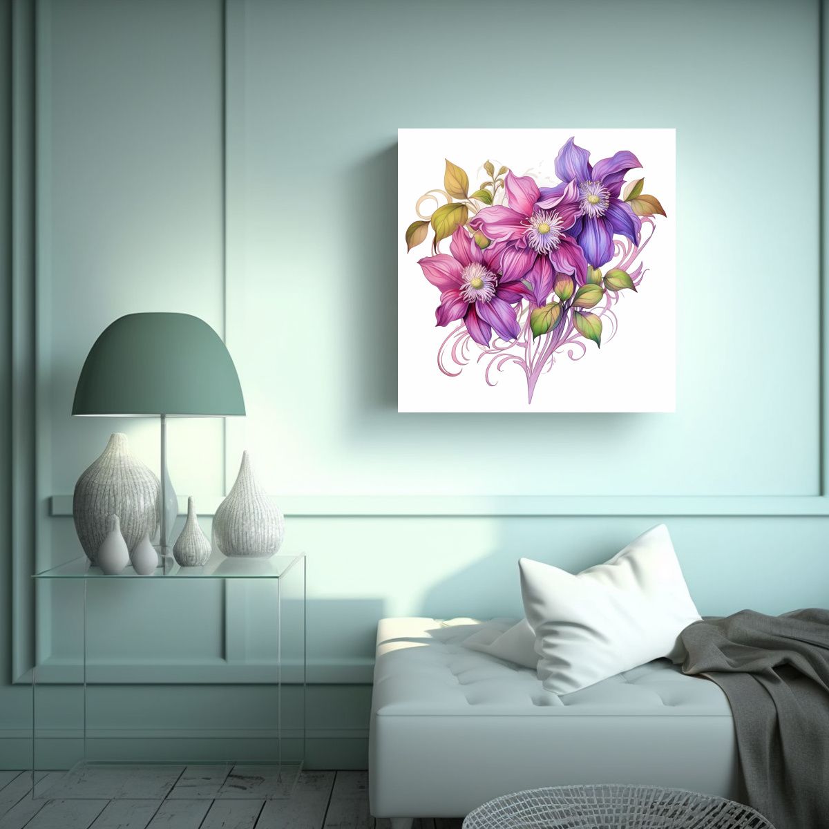 GENERICO - Lienzo Moderno De Clematis En Estilo Tatuaje 50x50 Cm